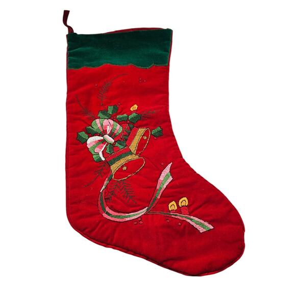 Embroidery Stitched Red Velvet Christmas Stocking Bells And Ribbons - Picture 1 of 3